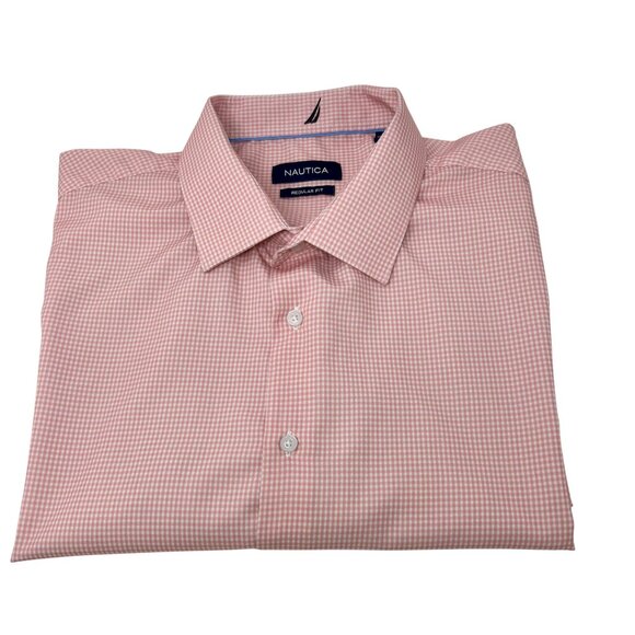 Nautica Mens Pink Gingham Dress Shirt XL Regular Fit - Tag‎ 17 - 17 1/2 - Picture 1 of 6